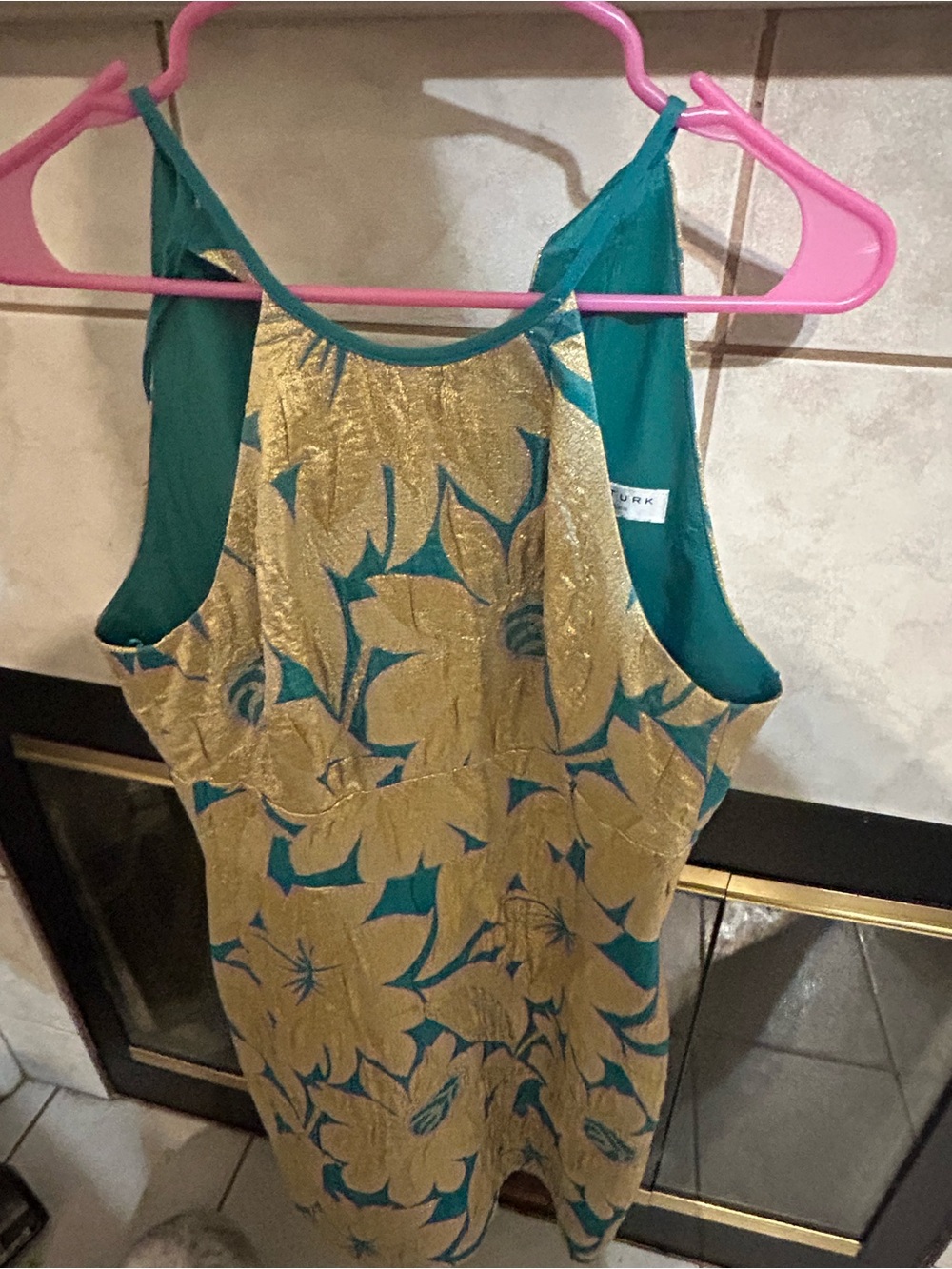 Trina Turk Teal and Gold Floral Halter Dress